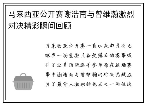 马来西亚公开赛谢浩南与曾维瀚激烈对决精彩瞬间回顾 马来西亚公开赛谢浩南与曾维瀚激烈对决精彩瞬间回顾