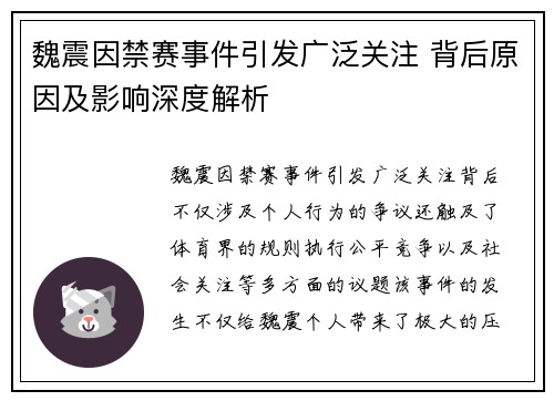魏震因禁赛事件引发广泛关注 背后原因及影响深度解析 魏震因禁赛事件引发广泛关注 背后原因及影响深度解析