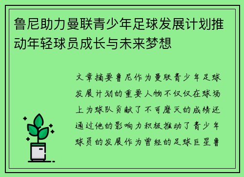 鲁尼助力曼联青少年足球发展计划推动年轻球员成长与未来梦想 鲁尼助力曼联青少年足球发展计划推动年轻球员成长与未来梦想